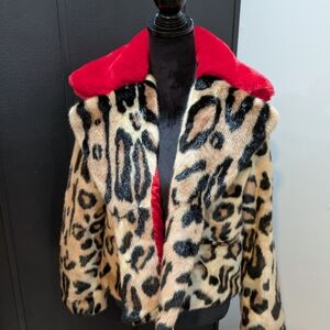 Levivel 1206 Leopard Print Faux Fur Jacket with Red Collar m/L NWT